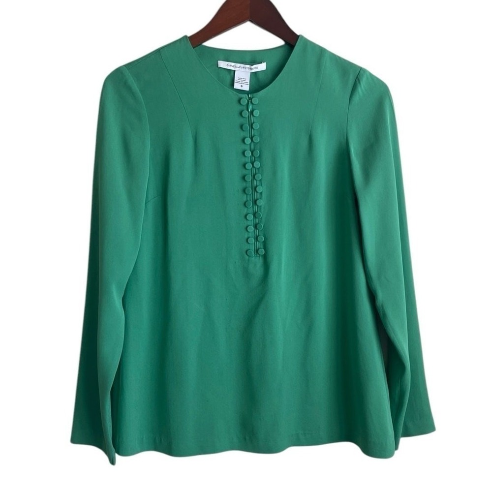Diane von Furstenberg Womens Quiet Luxury Silk Top 6 Green Zip Front Classic